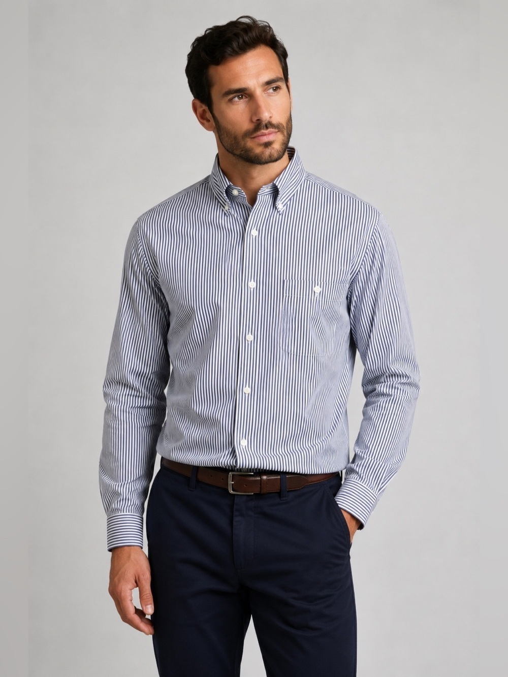 Orvis 100% Cotton Button Down Shirt Men’s Lg Blue White Stripe Made in Hong Kong